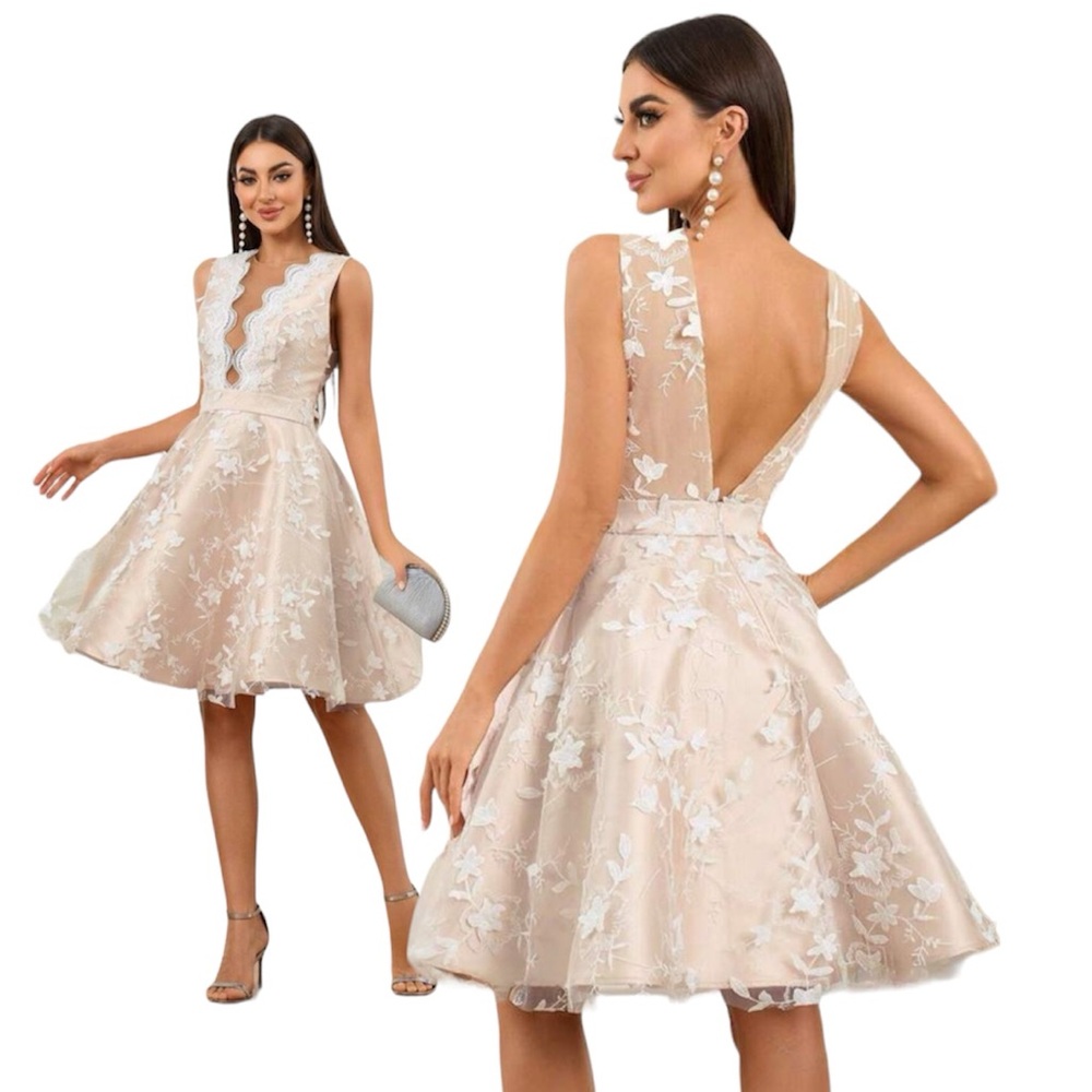 Skin Color Lining, Deep V Strap Chest Pad with 3D Flower Embroidery Dress